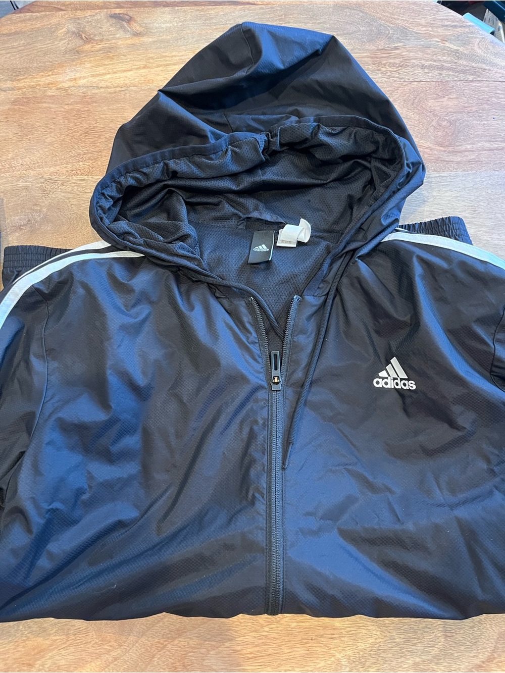 adidas Men’s Black Hooded Windbreaker with White Stripes